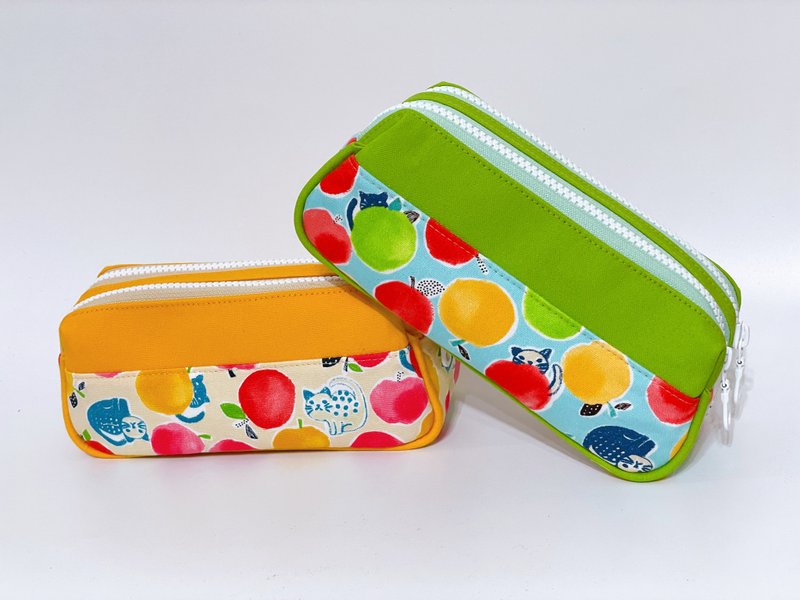 Fruit Cat double-layer zipper pencil bag, cosmetic bag, storage bag - กล่องดินสอ/ถุงดินสอ - ผ้าฝ้าย/ผ้าลินิน สีเหลือง