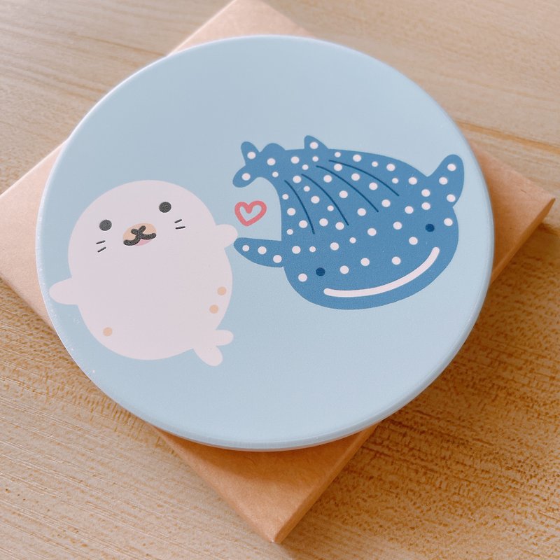 Seal whale shark round absorbent coaster - Coasters - Porcelain White