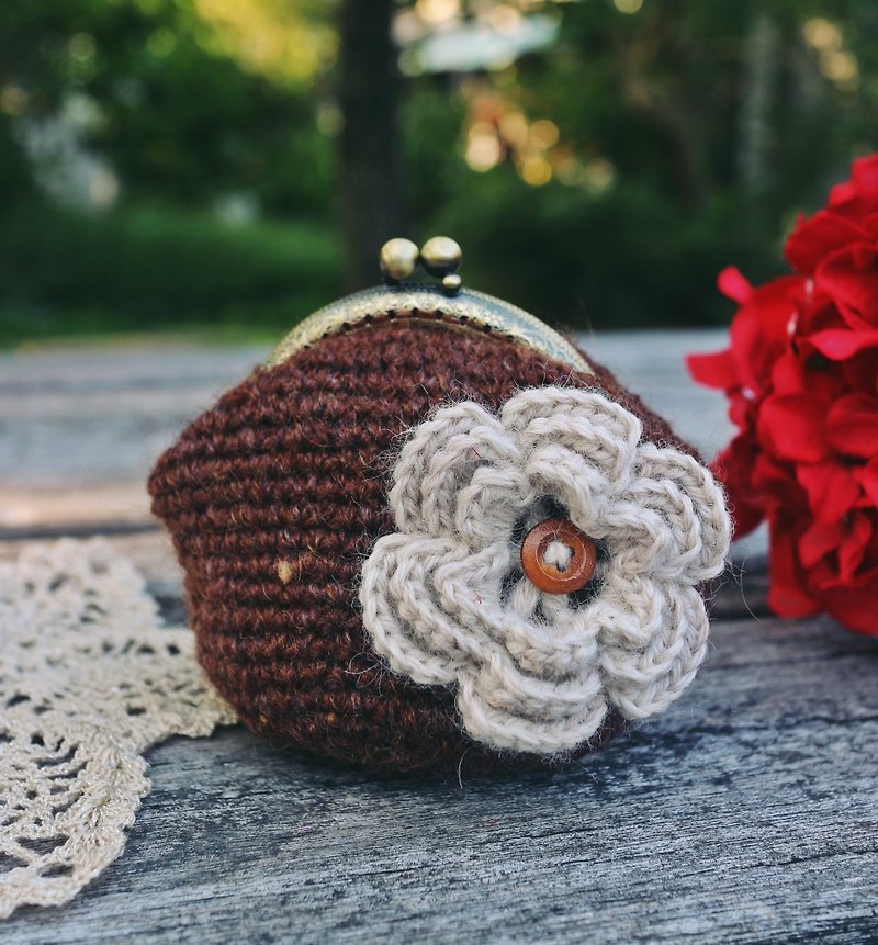 Handmade - coffee small mouth gold bag - gold coin purse - Coin Purses - Wool Brown