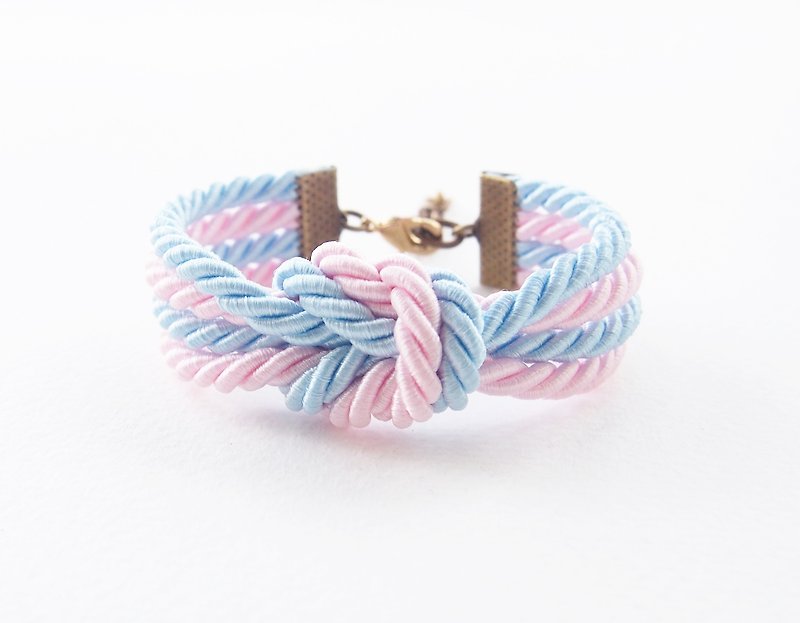 Blue and pale pink double knot bracelet - สร้อยข้อมือ - วัสดุอื่นๆ หลากหลายสี