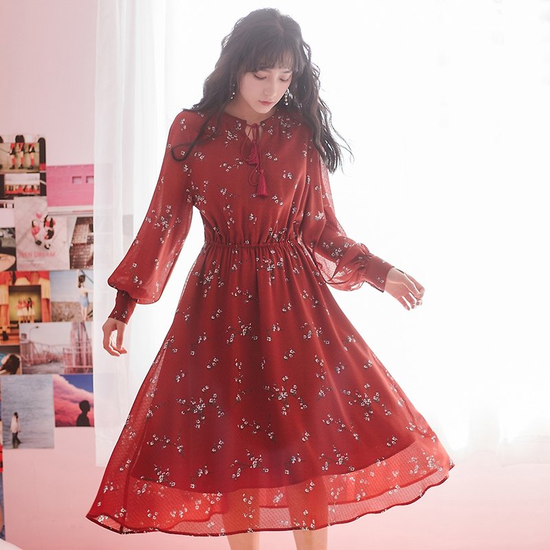 安妮陳2018春夏裝新款文藝女裝碎花系帶長款連身裙洋裝 - 連身裙 - 聚酯纖維 紅色