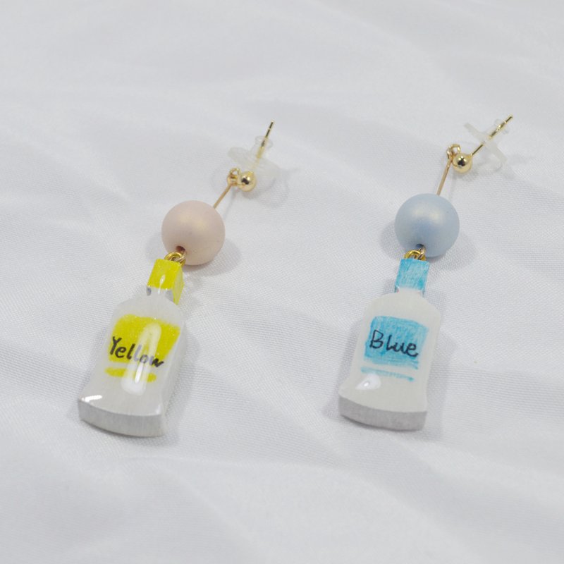 藝術生 藍色與黃色 blue yellow 瓶裝顏料造型耳釘耳環 手繪木製 - 耳環/耳夾/耳骨夾 - 木頭 多色