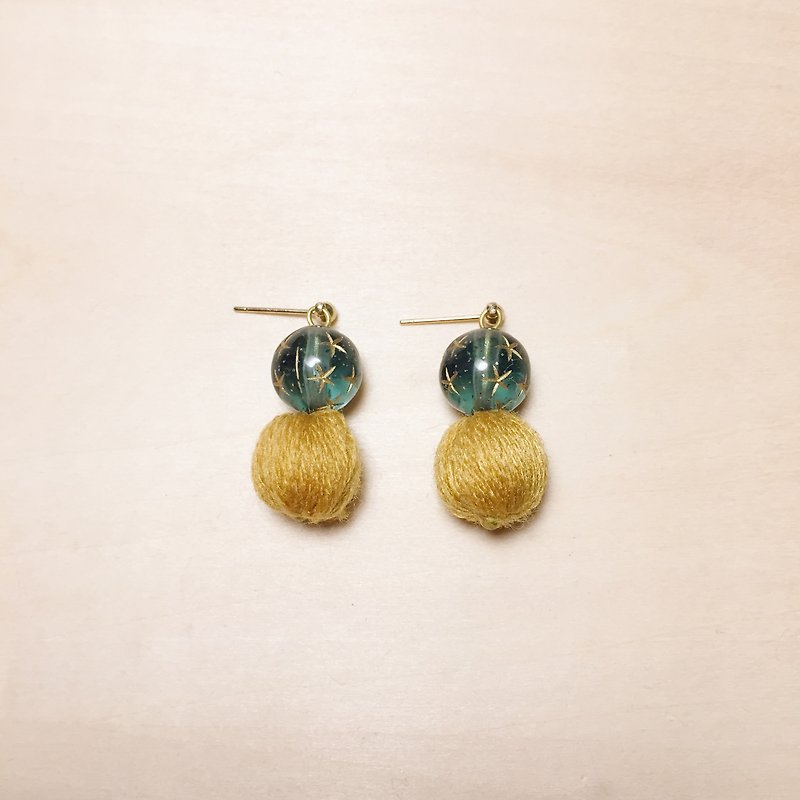 Vintage Turmeric Yarn Ball Teal Star Bead Earrings - ต่างหู - งานปัก สีเหลือง