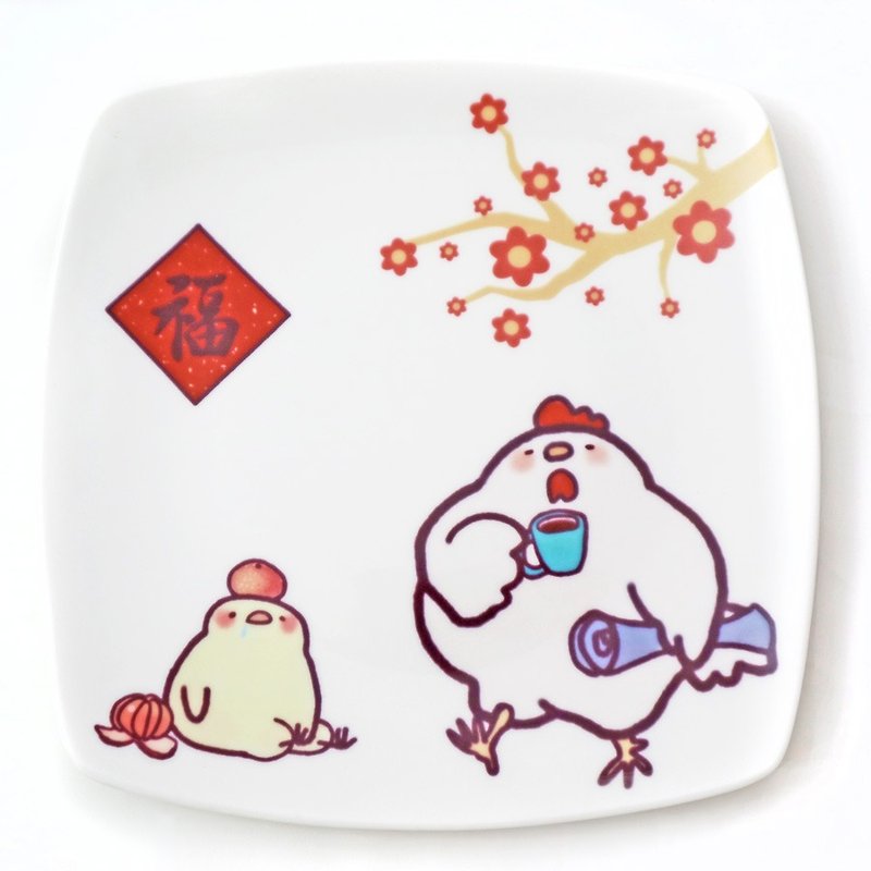 "Polychrome pottery edge" square white porcelain dish - chicken home New Year / microwaveable / by SGS - จานเล็ก - เครื่องลายคราม สีแดง