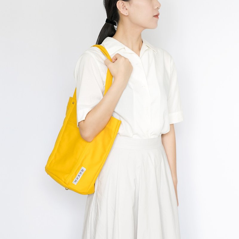 Simple Canvas Side Backpack M-Temple Yellow/Handmade Shoulder Bag/Hand Tote Bag/Valentine's Day Gift - Messenger Bags & Sling Bags - Cotton & Hemp Yellow
