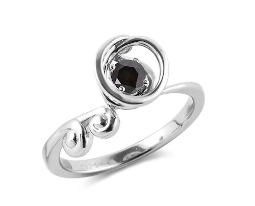 Majade Jewelry Design 黑碧璽圓形戒指 10月誕生石單石戒指 簡約波浪形純銀不對稱指環
