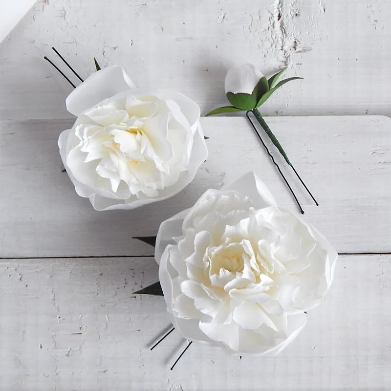 3本 白牡丹ヘアピン フラワーヘアクリップ ブライダルヘアピース 花嫁のかぶと - ヘアアクセサリー - その他の素材 ホワイト
