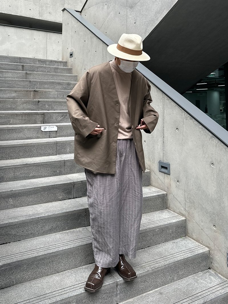 【中度灰】精紡棉麻廓形/打褶春夏寬松/闊腿九分褲 - 男長褲/休閒褲 - 棉．麻 灰色