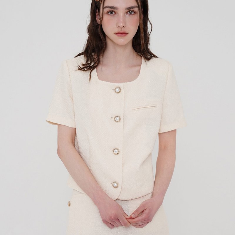 Korea sisterhood, Square neck tweed short sleeve jacket - Ivory - 女大衣/外套 - 聚酯纖維 白色