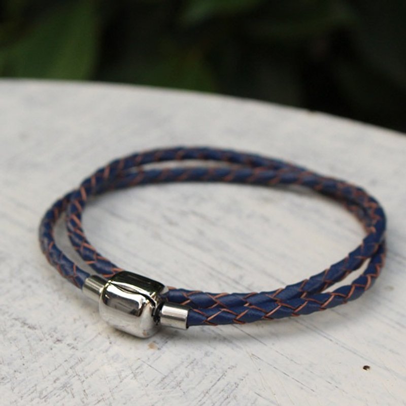 兩層編織麻花不鏽鋼扣手環-藍色