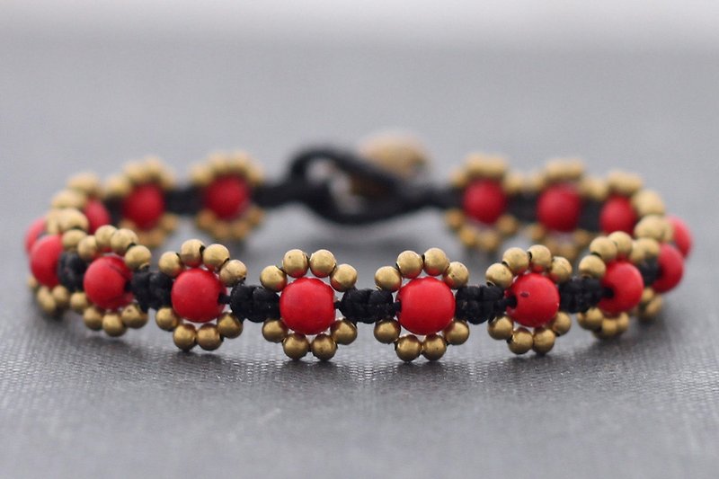 珊瑚紅石雛菊珠手鍊編織串珠黃銅可愛花編織 - 手鍊/手鐲 - 其他金屬 紅色