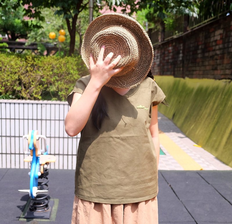 日本の半袖Vネックシャツマスタードグリーンわら綿手作りドレス - トップス - コットン・麻 グリーン