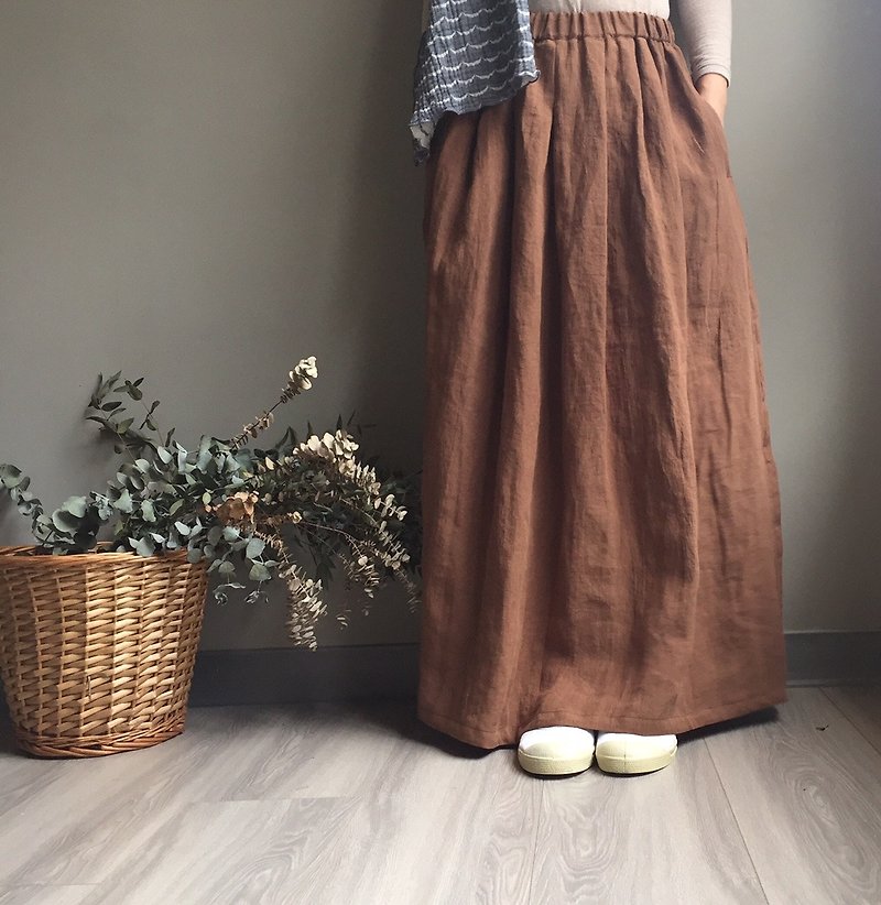 Walk in the fog * European elegant floor dress 100% washed linen 100% Linen - Skirts - Cotton & Hemp Brown