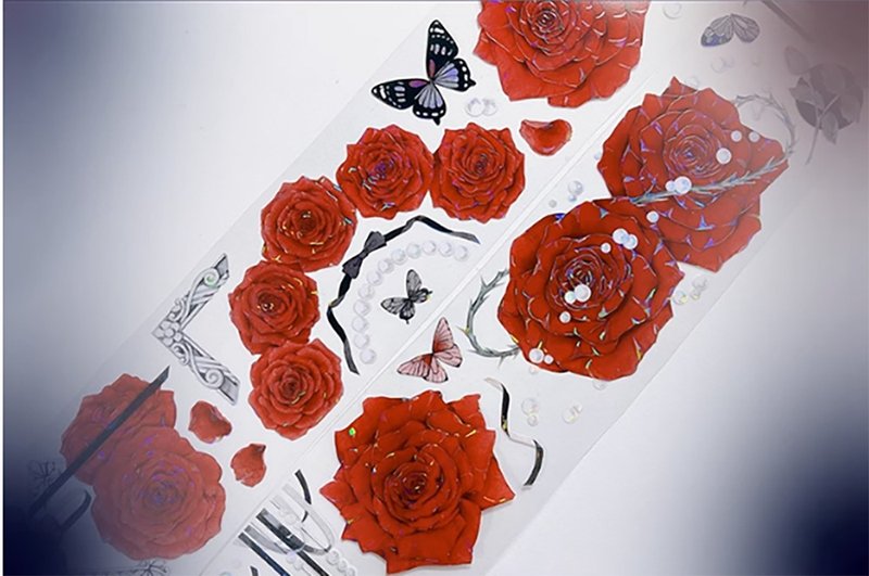 OKMT新七天貼紙PET手帳膠帶 紅玫傳奇-PET貝殼光-6cm*5m-100cm循 - 紙膠帶/和紙/PET - 塑膠 