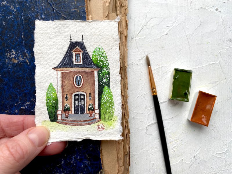 French house art Original watercolor Miniature painting on handmade paper - 海報/掛畫/掛布 - 紙 多色