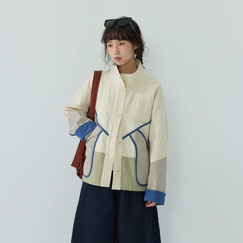 白色棉麻拼接外套|外套|春款|Sora-1747 - 女大衣/外套 - 棉．麻 多色