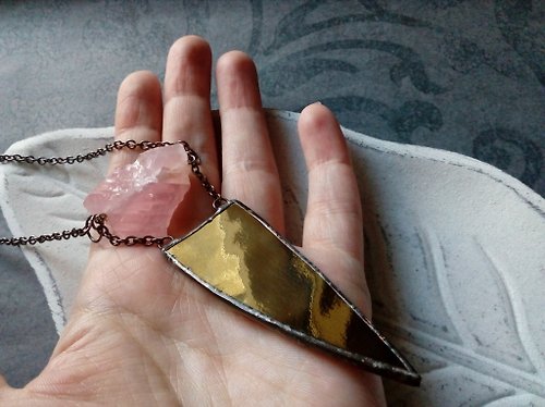 Glass At Home Stained glass and rose quartz necklace, tiffany gold iridescent spike pendant.
