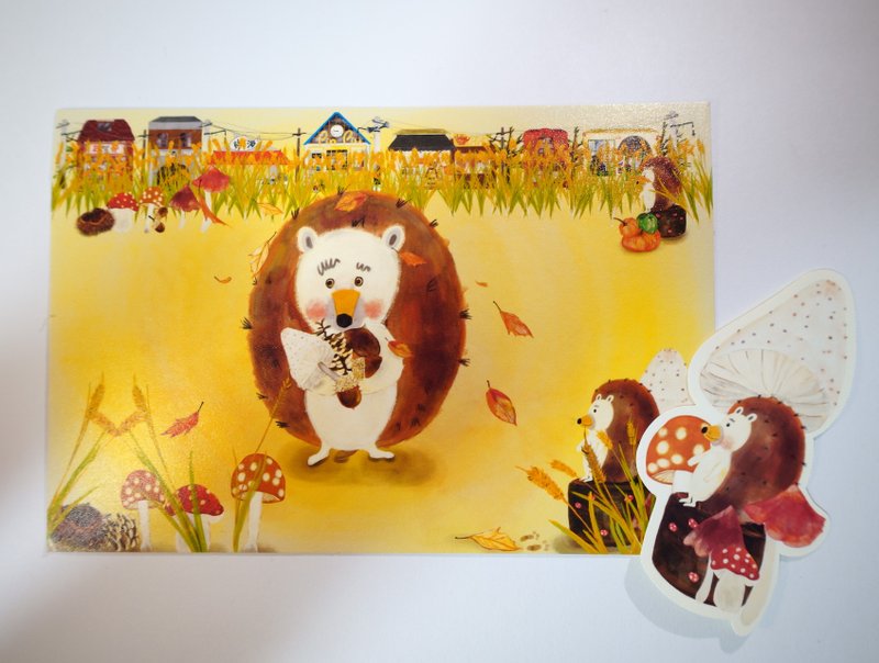 Fall Winter Hedgehog Postcard, Illustrated Animal Character Postcard for Holiday - Cards & Postcards - Paper Orange