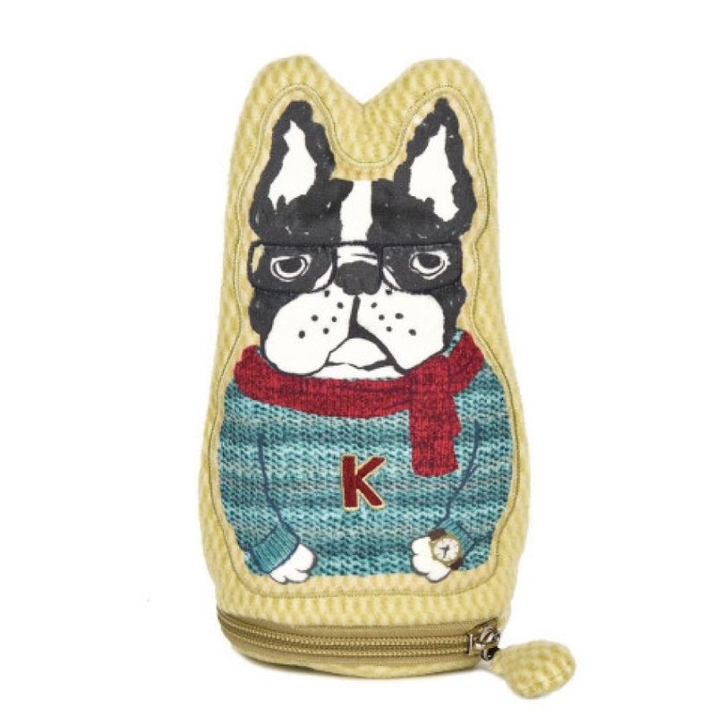 Kusuguru Japan 零錢包 筆袋 毛絨立體造型萬用小物隨身包-鬥牛犬 - 零錢包/小錢包 - 聚酯纖維 黃色