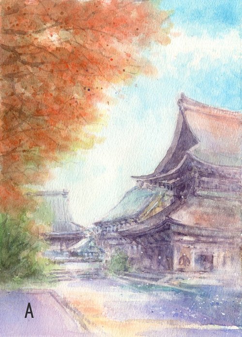 水彩画　紅葉風景3点セット