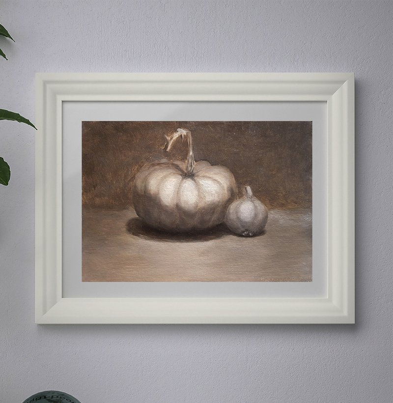 Pumpkin Painting Still Life Original Art Vegetable Wall Art Oill Painting - 壁貼/牆壁裝飾 - 其他材質 灰色