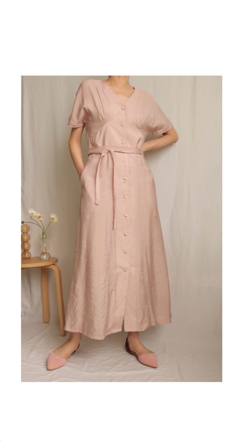 [Light Wedding] Simple Wedding Glossy Thai Silk Strap Long Dress/Small Dress Nude Pink Only S - One Piece Dresses - Silk Pink