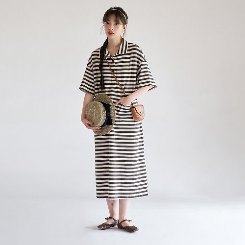 Sora Polo領短袖條紋連衣裙|洋裝|春夏款|Sora-1192