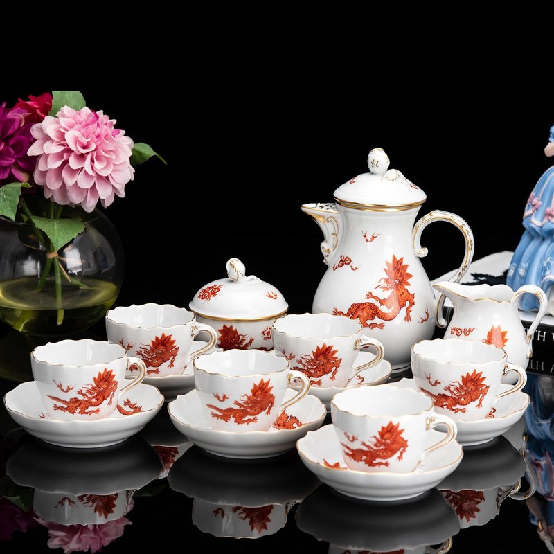 German-made Meissen hand-painted Royal Red Dragon Minglong ceramic coffee set coffee cup 15-piece set - เครื่องทำกาแฟ - เครื่องลายคราม 