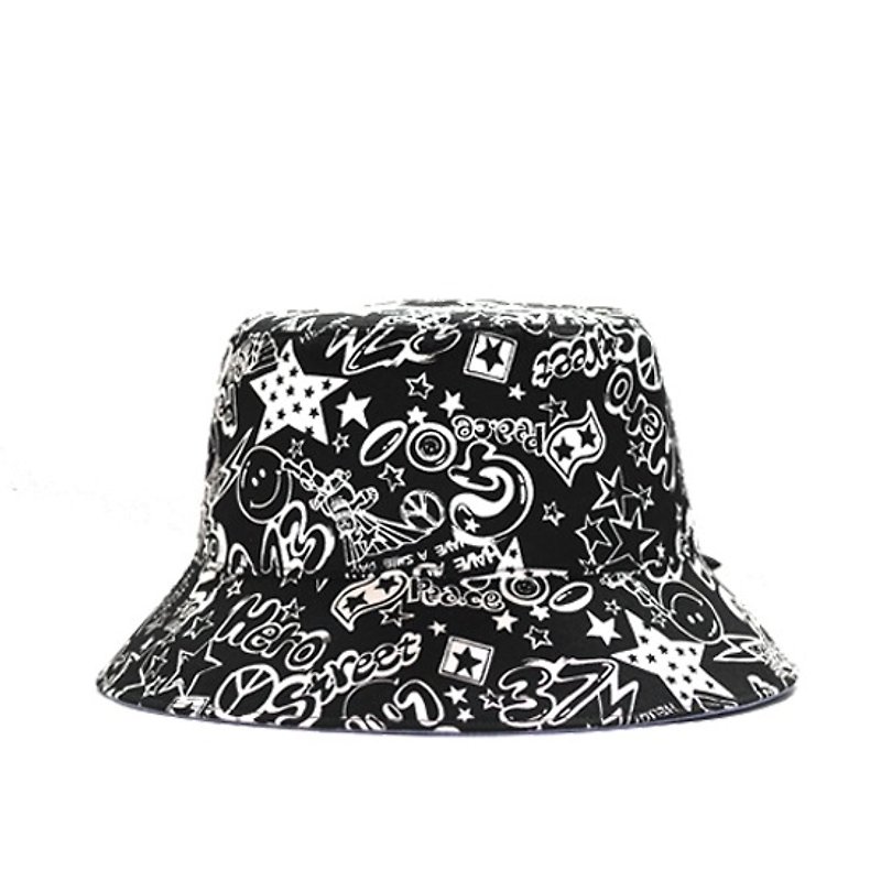 平和の星ストリートグラフィティの両面漁師の帽子 - 帽子 - コットン・麻 ブラック