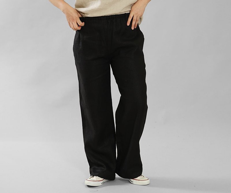 wafu Linen pants / long length / elastic waistbelt black b016a-bck2 - กางเกงขายาว - ผ้าฝ้าย/ผ้าลินิน สีดำ