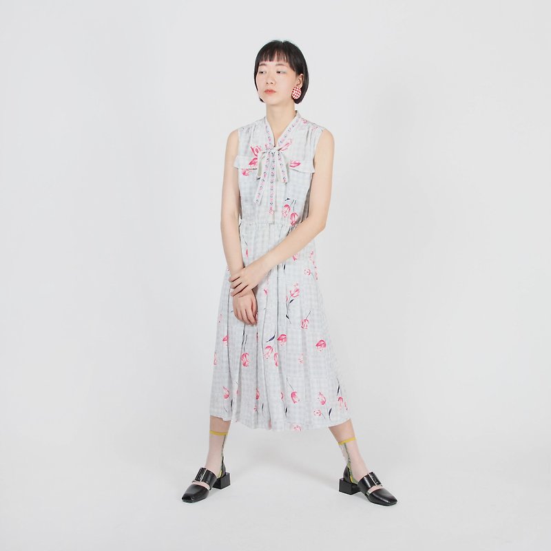 [Egg Plant Vintage] Tulip and Pigeon Print Sleeveless Vintage Dress - One Piece Dresses - Polyester White