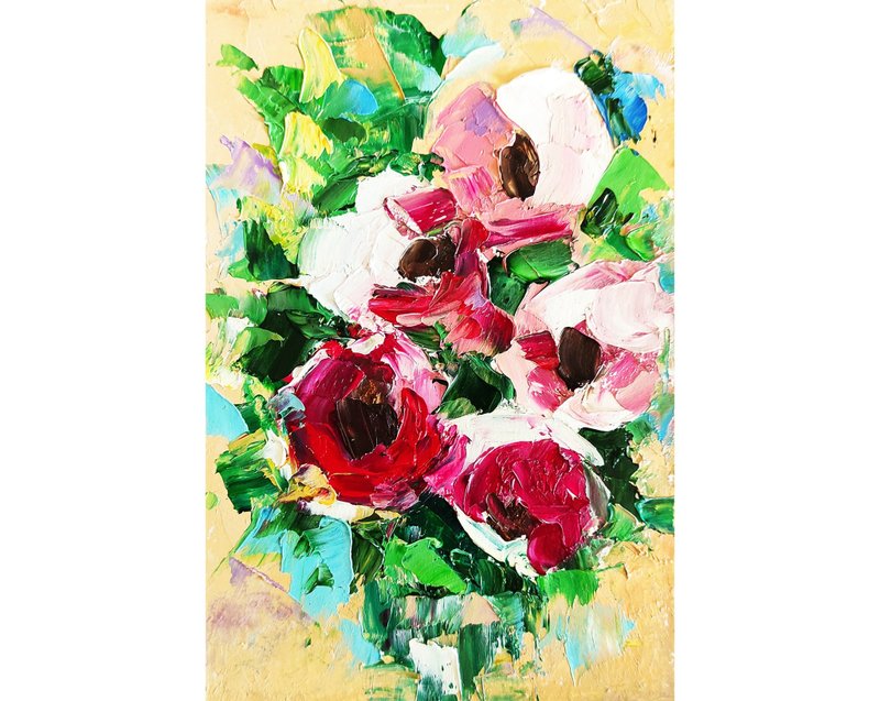 Peonies Bouquet Original Painting Pink Flower Artwork Small Floral Art 手工油畫 油畫原作 - 海報/掛畫/掛布 - 其他材質 多色