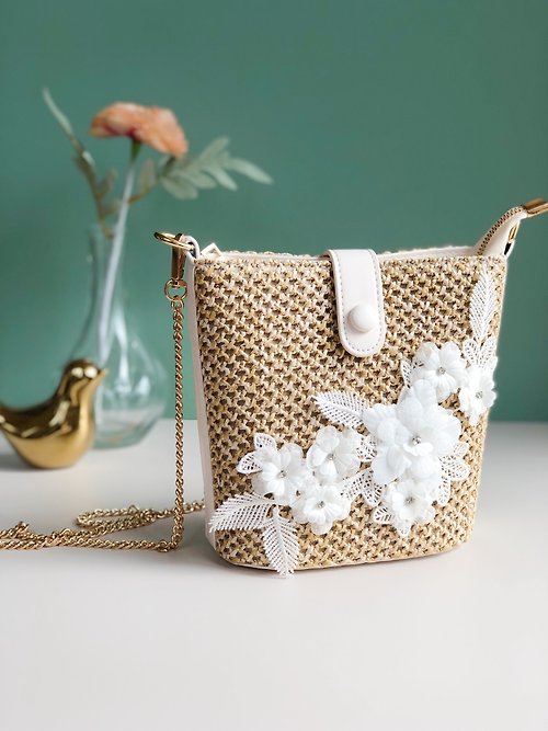 木子夫人 原創編織款白色花朵蕾絲包包