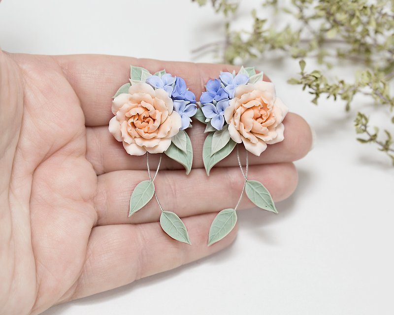 Floral bridal earrings. Hydrangea peony rose earrings. clay flower jewelry. gift