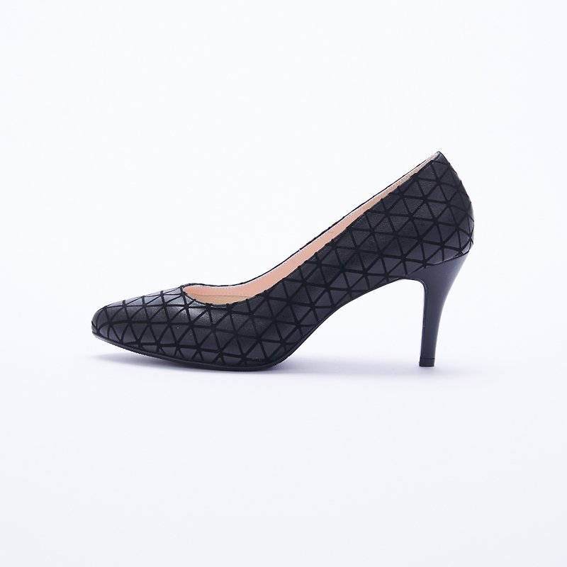大碼女鞋41-44 台灣製造幾何圖紋真皮氣墊尖頭高跟鞋8cm 黑色 - 高跟鞋/跟鞋 - 真皮 黑色