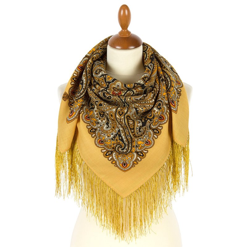 Authentic Pavlovo Posad Russian Shawl Scarf Soft 100% Wool 89x89 cm 2062-2 - 絲巾 - 羊毛 黃色