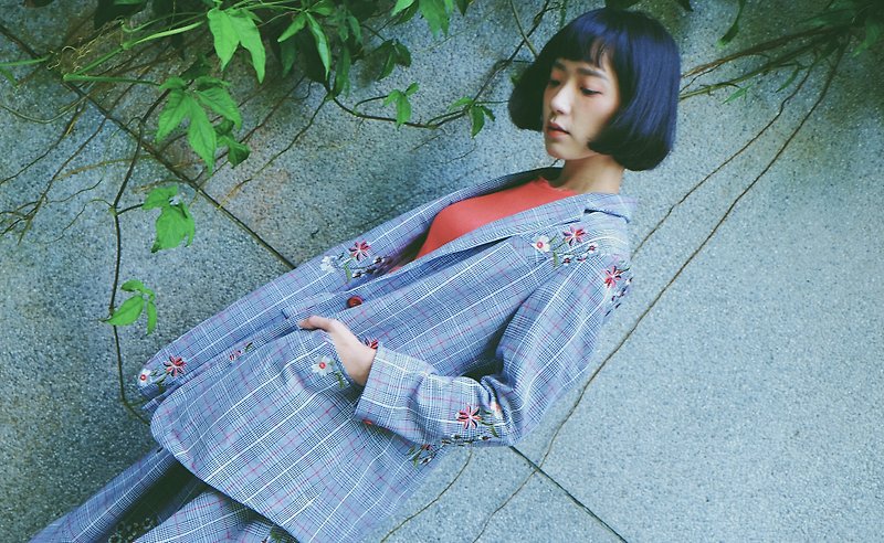 千鳥格子刺繍ジャケット - ブレザー・コート - コットン・麻 グレー
