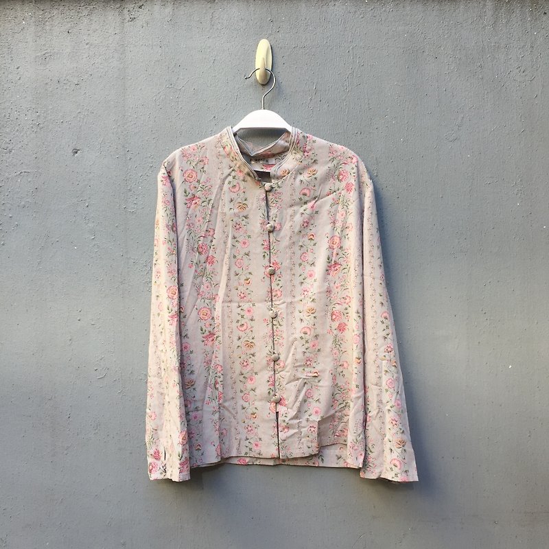 {古著}灰底條文小花 襯衫 日本雪紡 - 恤衫 - 聚酯纖維 粉紅色