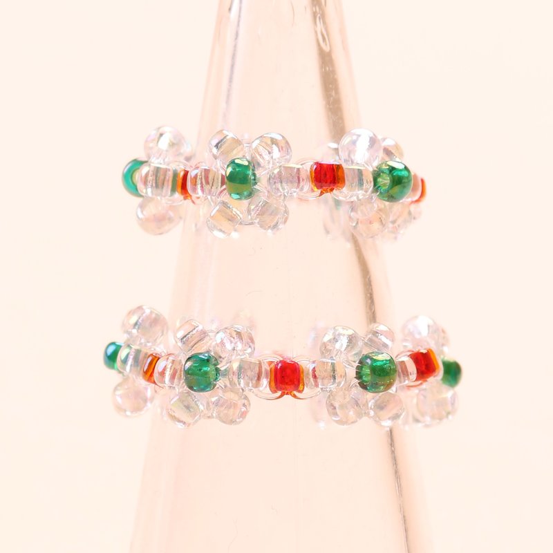 聖誕 紅花 串珠 戒指 - 戒指 - 琉璃 紅色