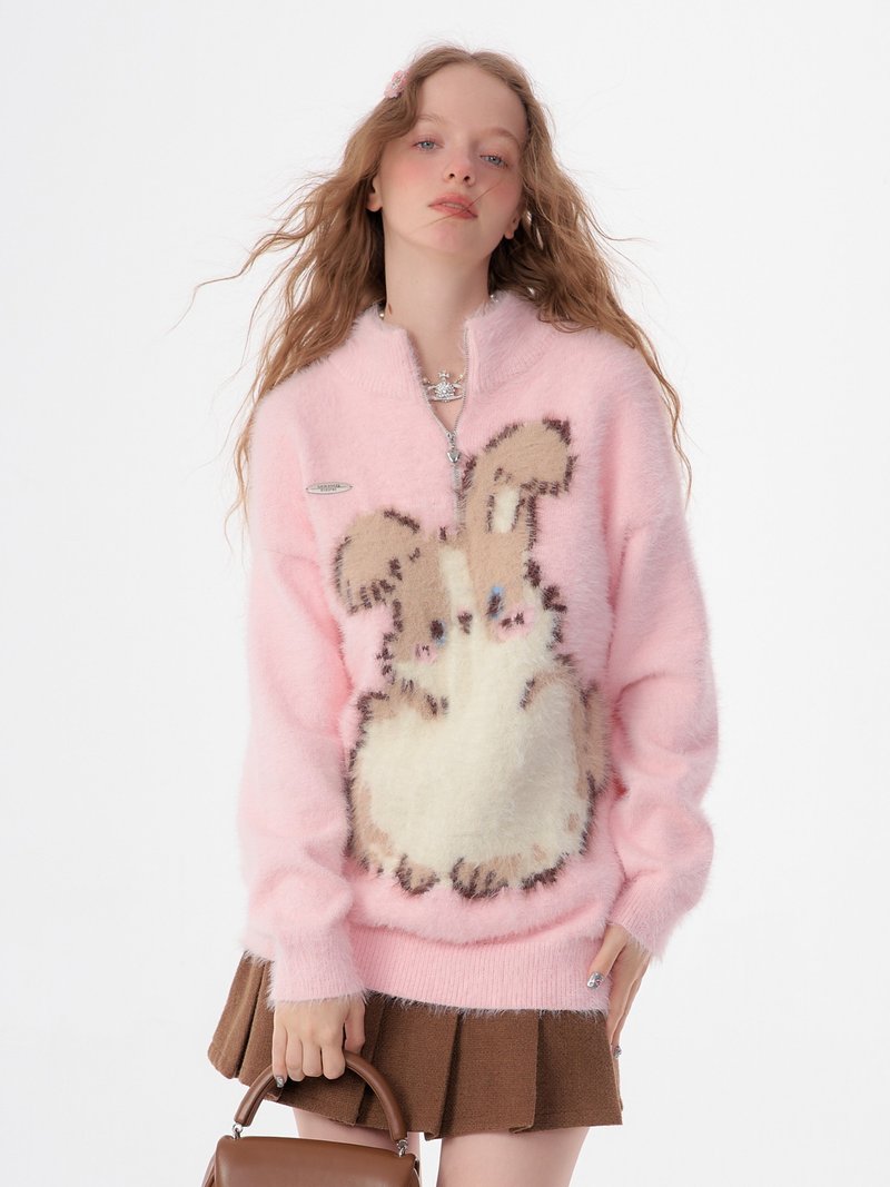 ziziFei autumn and winter American retro half turtleneck half zipper pink plush bunny pattern thickened sweater for women - สเวตเตอร์ผู้หญิง - วัสดุอื่นๆ สึชมพู