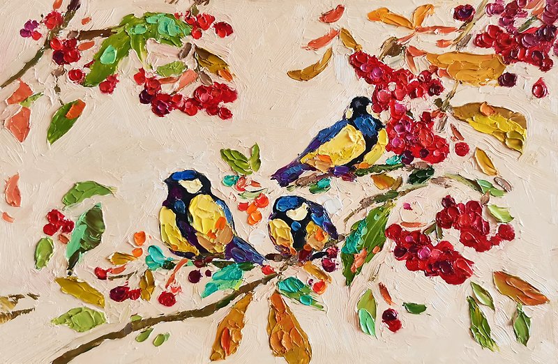 チカディー絵画油鳥オリジナルアート動物アートワーク - ポスター・絵 - 金属 レッド