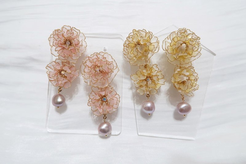 Resin Earrings & Clip-ons Pink - Micro-transparent double peony dangling pearl resin earrings 925 Silver/steel needle/ Clip-On