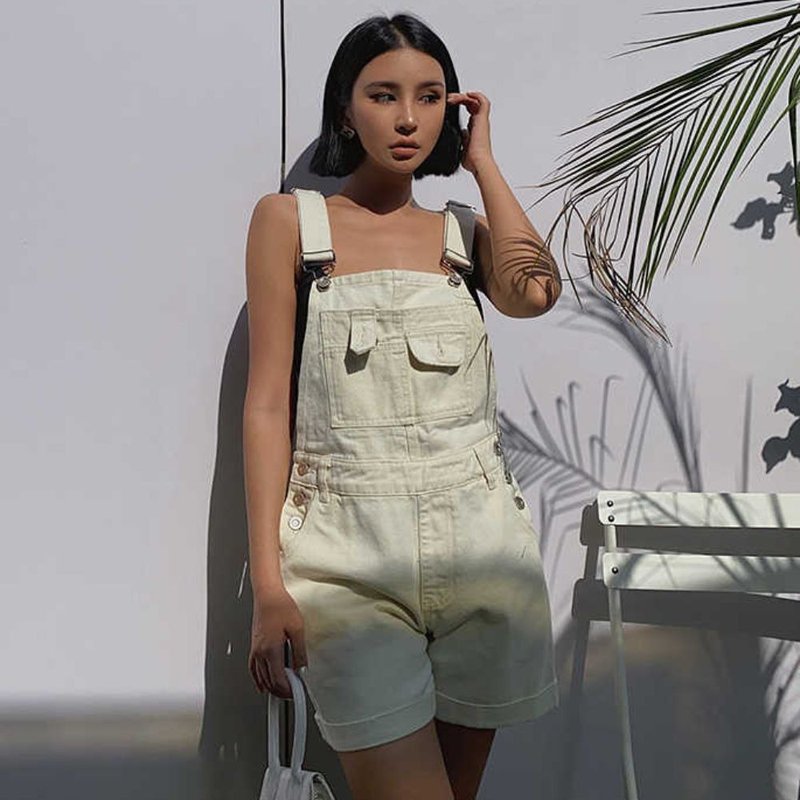 White Denim Pocket Dungaree Shorts - 吊帶褲/連身褲 - 聚酯纖維 白色