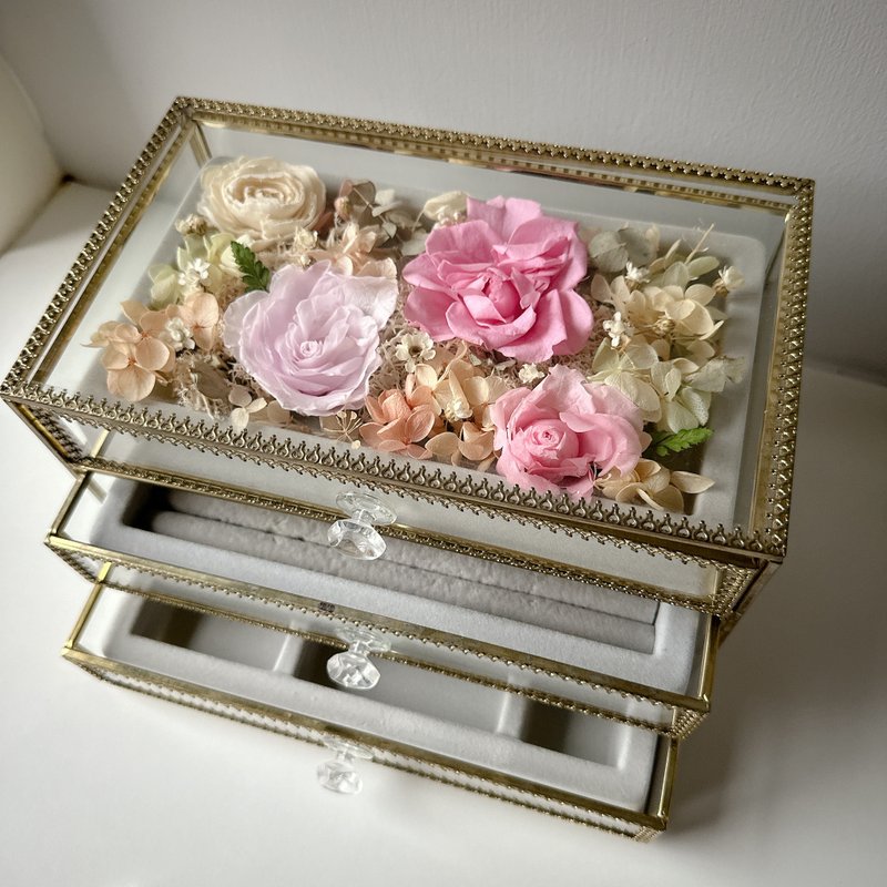 Pink Fantasy Everlasting Flower Gold Jewelry Storage Box - กล่องเก็บของ - แก้ว สึชมพู