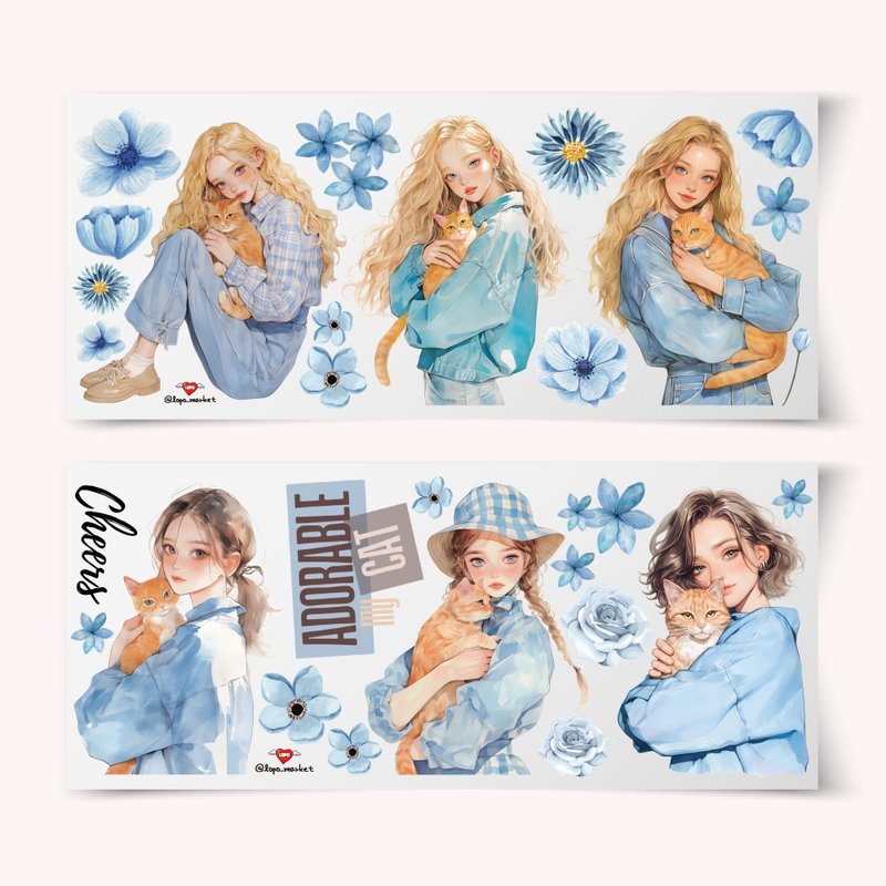 Cat & Girl Sticker 6-piece Set - 貼紙 - 紙 