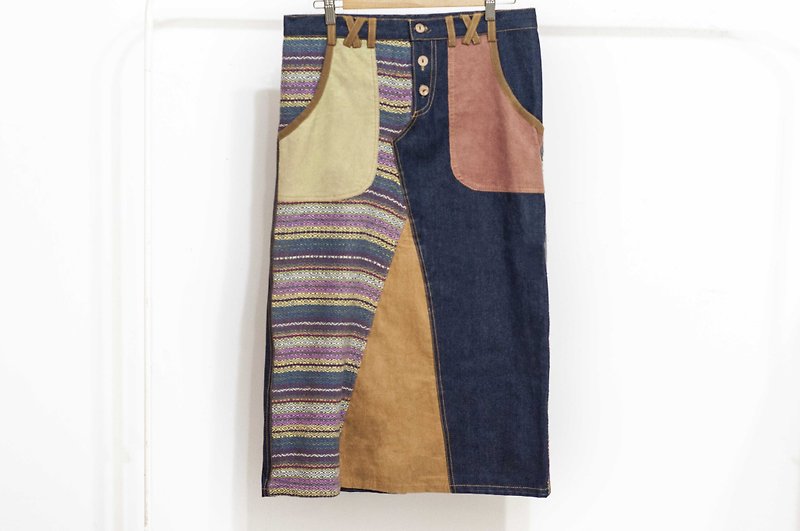 Denim patch dress / ethnic skirt / color block denim skirt skirt / bohemian skirt - South American hills - กระโปรง - ผ้าฝ้าย/ผ้าลินิน หลากหลายสี