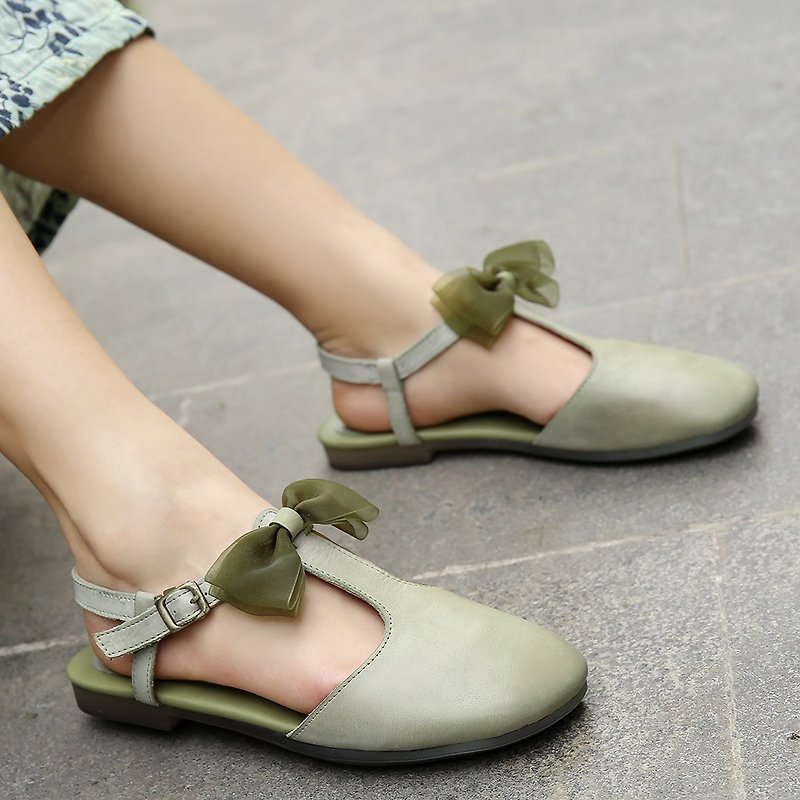 真皮 涼鞋 綠色 - 春夏新款文藝軟底涼鞋清新簡約真皮女鞋 小仙女