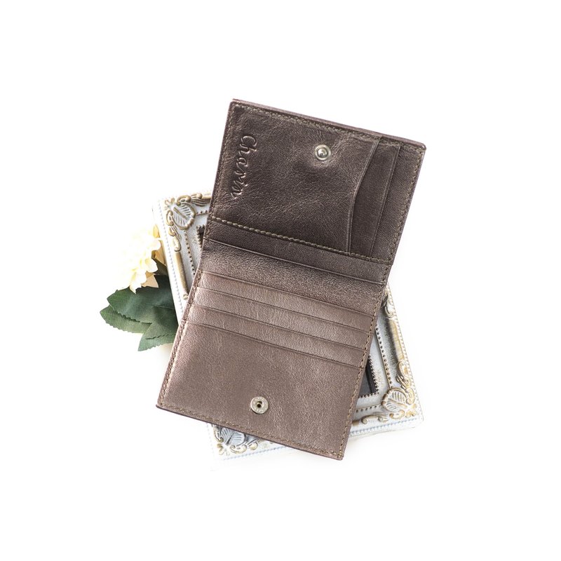 Hannah (Dark Silver) : Small leather short wallet, folded wallet, Slim - กระเป๋าสตางค์ - หนังแท้ สีเงิน