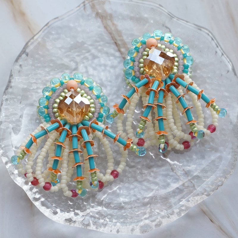 ビーズ刺繍の豪華なフリンジイヤリング ピアス, No.1, クラゲのようなデザイン, ホワイト・ブルー・オレンジ, シノワズリー, 金具選択可 - 耳環/耳夾/耳骨夾 - 玻璃 橘色