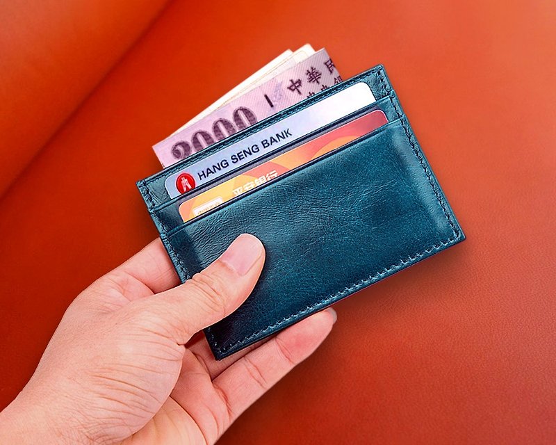 Leather Card Holder, Coin Purse,  Leather Wallet, Credit Card Holder, Gift - กระเป๋าสตางค์ - หนังแท้ สีน้ำเงิน